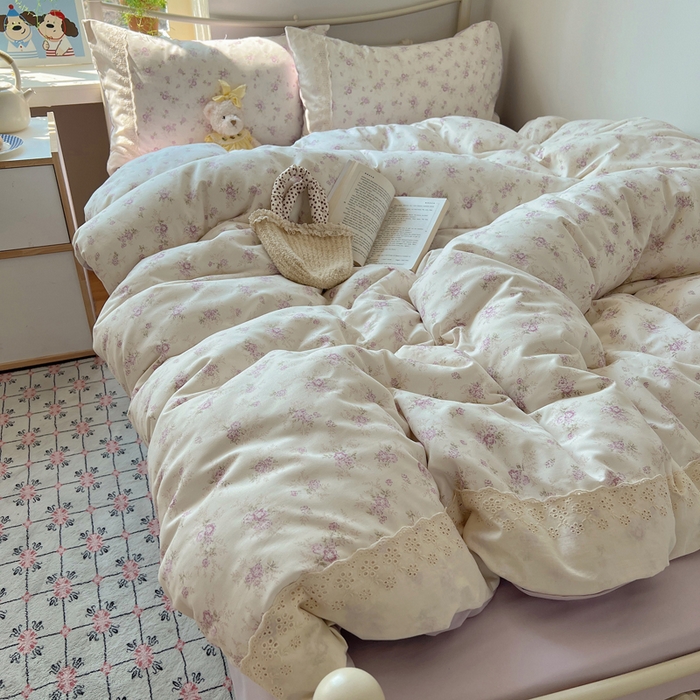 91家纺网 家纺一手货源 找家纺 慕澄家纺 2026新款双层纱针织棉蕾丝花边四件套 小紫花