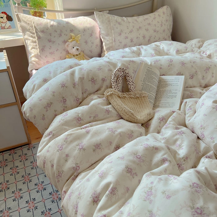 91家纺网 家纺一手货源 找家纺 慕澄家纺 2026新款双层纱针织棉蕾丝花边四件套 小紫花