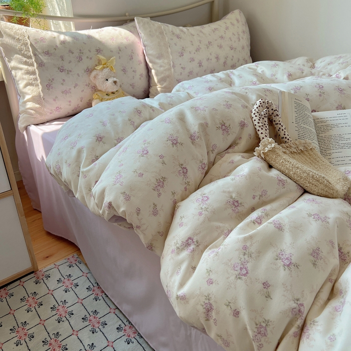 91家纺网 家纺一手货源 找家纺 慕澄家纺 2026新款双层纱针织棉蕾丝花边四件套 小紫花