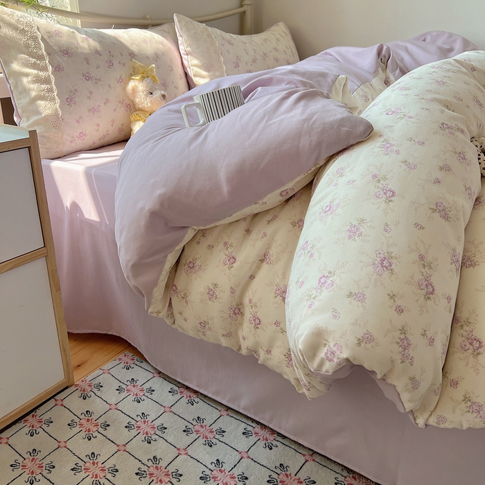 91家纺网 家纺一手货源 找家纺 慕澄家纺 2026新款双层纱针织棉蕾丝花边四件套 小紫花