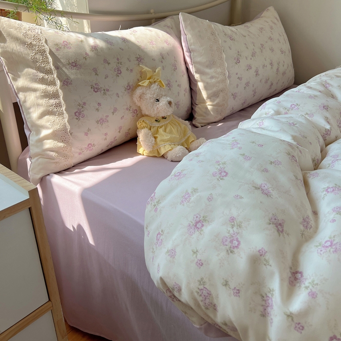 91家纺网 家纺一手货源 找家纺 慕澄家纺 2026新款双层纱针织棉蕾丝花边四件套 小紫花