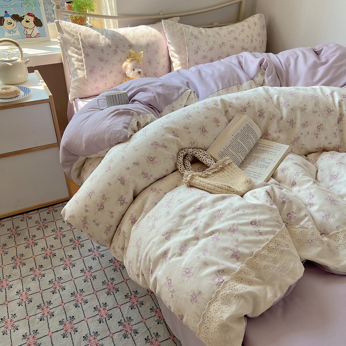 91家纺网 家纺一手货源 找家纺 慕澄家纺 2026新款双层纱针织棉蕾丝花边四件套 小紫花