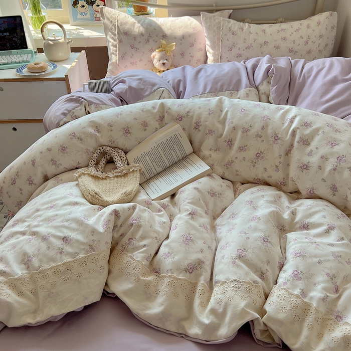 91家纺网 家纺一手货源 找家纺 慕澄家纺 2026新款双层纱针织棉蕾丝花边四件套 小紫花