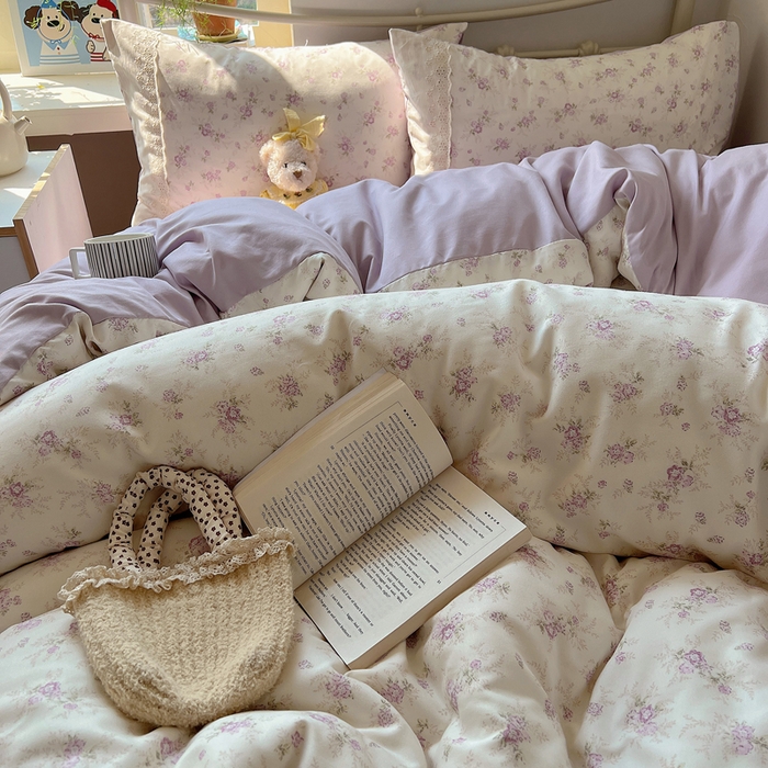 91家纺网 家纺一手货源 找家纺 慕澄家纺 2026新款双层纱针织棉蕾丝花边四件套 小紫花