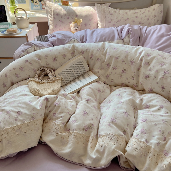 91家纺网 家纺一手货源 找家纺 慕澄家纺 2026新款双层纱针织棉蕾丝花边四件套 小紫花