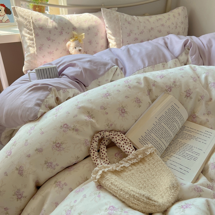 91家纺网 家纺一手货源 找家纺 慕澄家纺 2026新款双层纱针织棉蕾丝花边四件套 小紫花