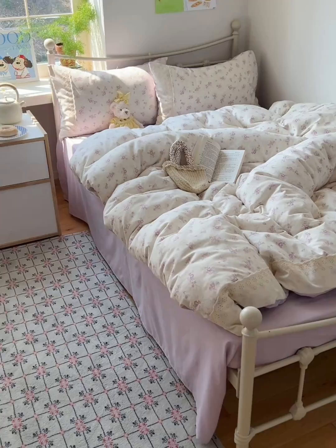 91家纺网 家纺一手货源 找家纺 慕澄家纺 2026新款双层纱针织棉蕾丝花边四件套 小紫花