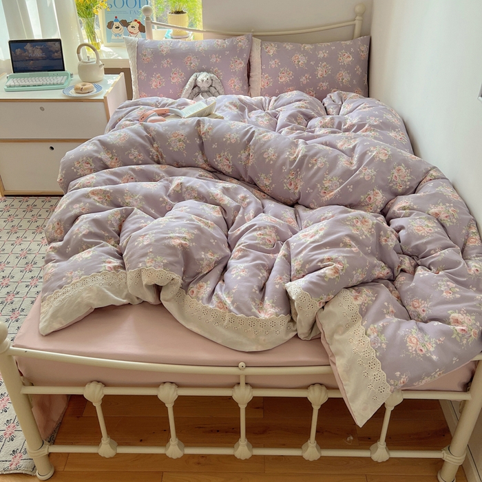 91家纺网 家纺一手货源 找家纺 慕澄家纺 2026新款双层纱针织棉蕾丝花边四件套 紫藤花语