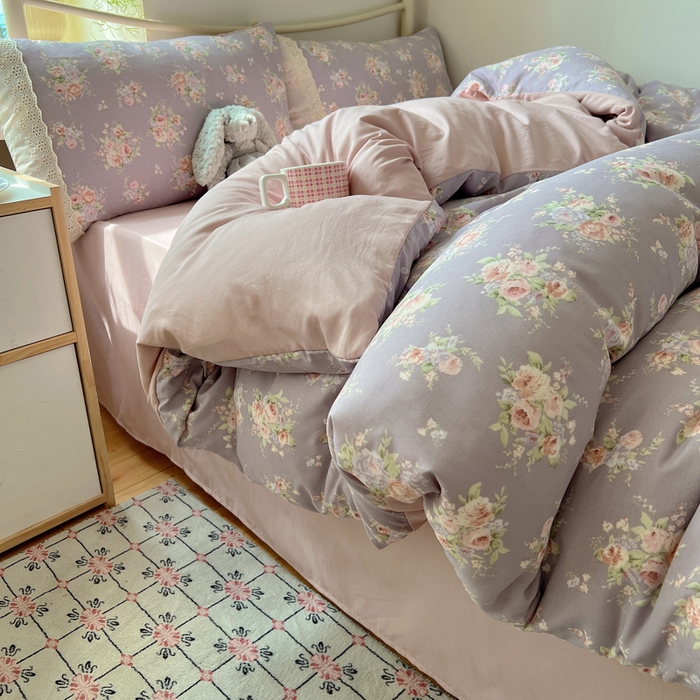 慕澄家纺 2026新款双层纱针织棉蕾丝花边四件套 紫藤花语