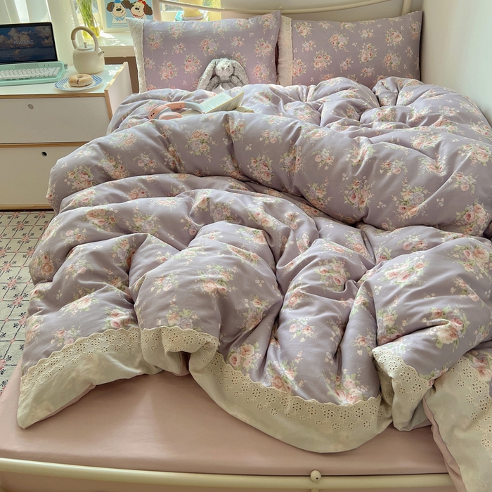 91家纺网 家纺一手货源 找家纺 慕澄家纺 2026新款双层纱针织棉蕾丝花边四件套 紫藤花语