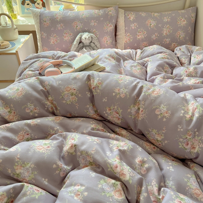 91家纺网 家纺一手货源 找家纺 慕澄家纺 2026新款双层纱针织棉蕾丝花边四件套 紫藤花语