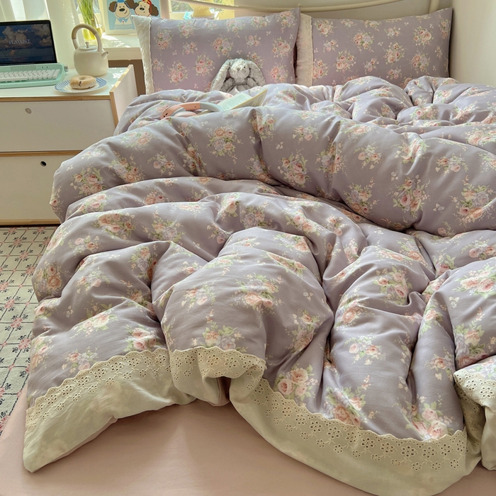 91家纺网 家纺一手货源 找家纺 慕澄家纺 2026新款双层纱针织棉蕾丝花边四件套 紫藤花语