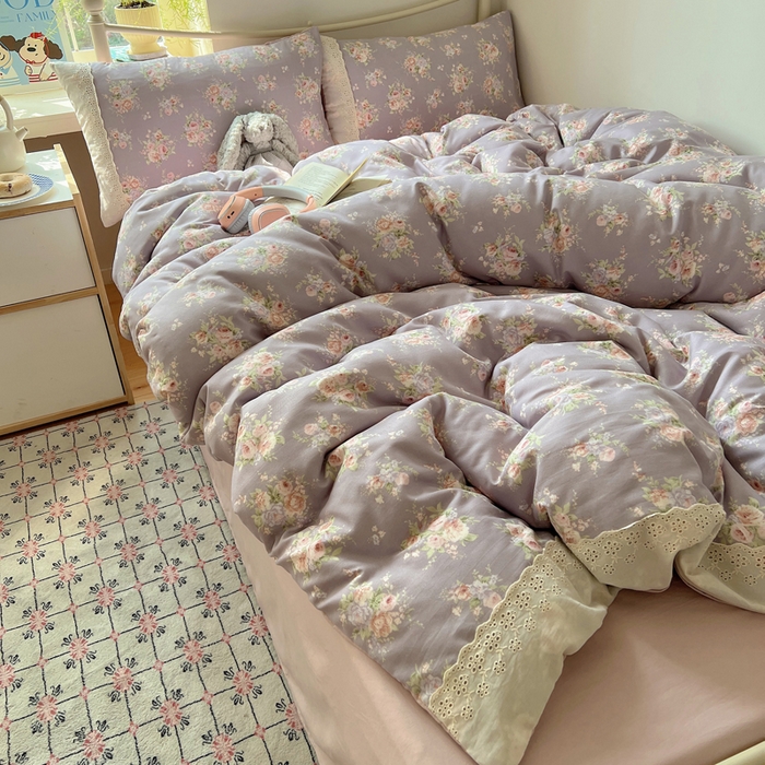 91家纺网 家纺一手货源 找家纺 慕澄家纺 2026新款双层纱针织棉蕾丝花边四件套 紫藤花语