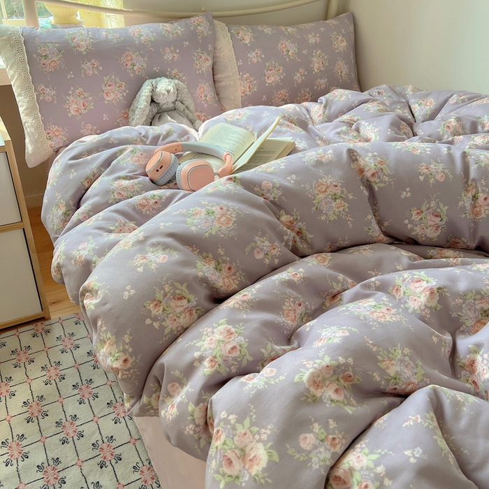 91家纺网 家纺一手货源 找家纺 慕澄家纺 2026新款双层纱针织棉蕾丝花边四件套 紫藤花语