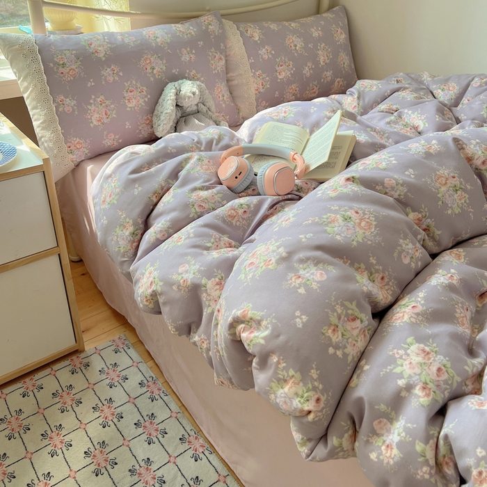 91家纺网 家纺一手货源 找家纺 慕澄家纺 2026新款双层纱针织棉蕾丝花边四件套 紫藤花语