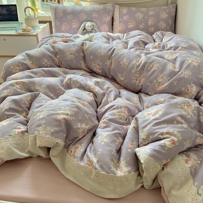 91家纺网 家纺一手货源 找家纺 慕澄家纺 2026新款双层纱针织棉蕾丝花边四件套 紫藤花语