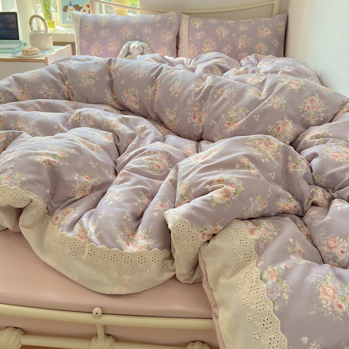 91家纺网 家纺一手货源 找家纺 慕澄家纺 2026新款双层纱针织棉蕾丝花边四件套 紫藤花语