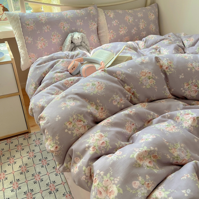 91家纺网 家纺一手货源 找家纺 慕澄家纺 2026新款双层纱针织棉蕾丝花边四件套 紫藤花语