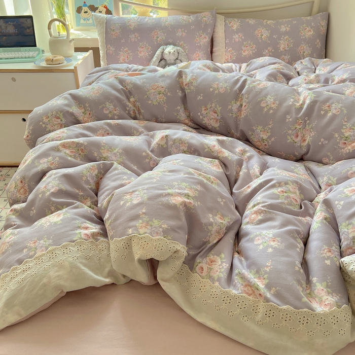 91家纺网 家纺一手货源 找家纺 慕澄家纺 2026新款双层纱针织棉蕾丝花边四件套 紫藤花语