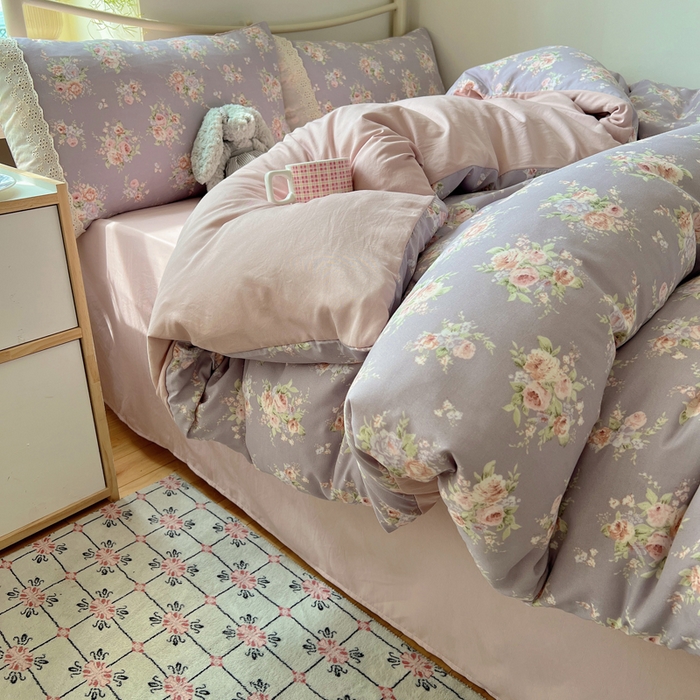 91家纺网 家纺一手货源 找家纺 慕澄家纺 2026新款双层纱针织棉蕾丝花边四件套 紫藤花语