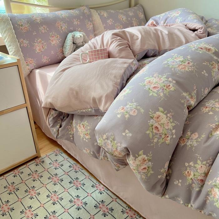 91家纺网 家纺一手货源 找家纺 慕澄家纺 2026新款双层纱针织棉蕾丝花边四件套 紫藤花语