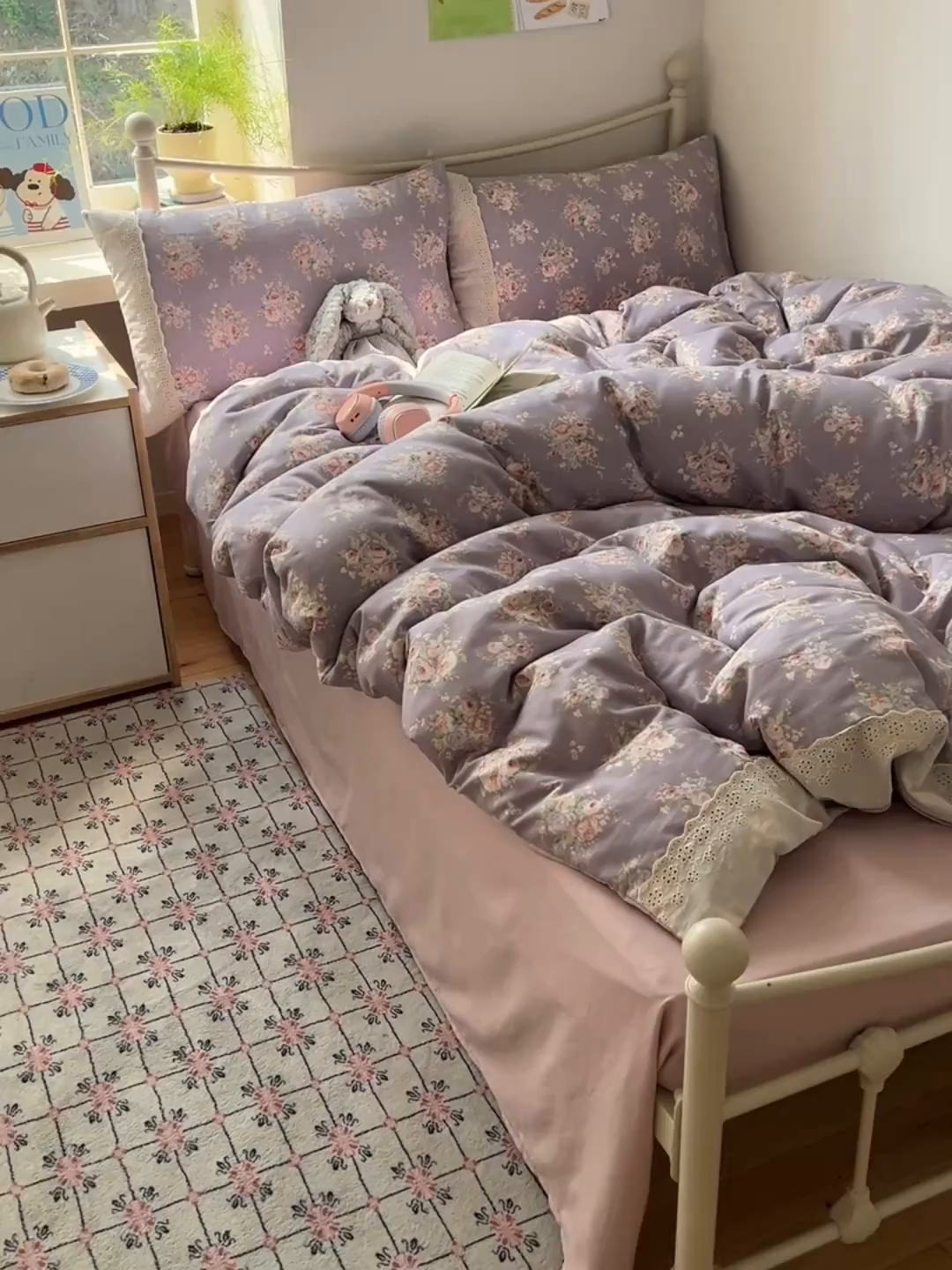 91家纺网 家纺一手货源 找家纺 慕澄家纺 2026新款双层纱针织棉蕾丝花边四件套 紫藤花语