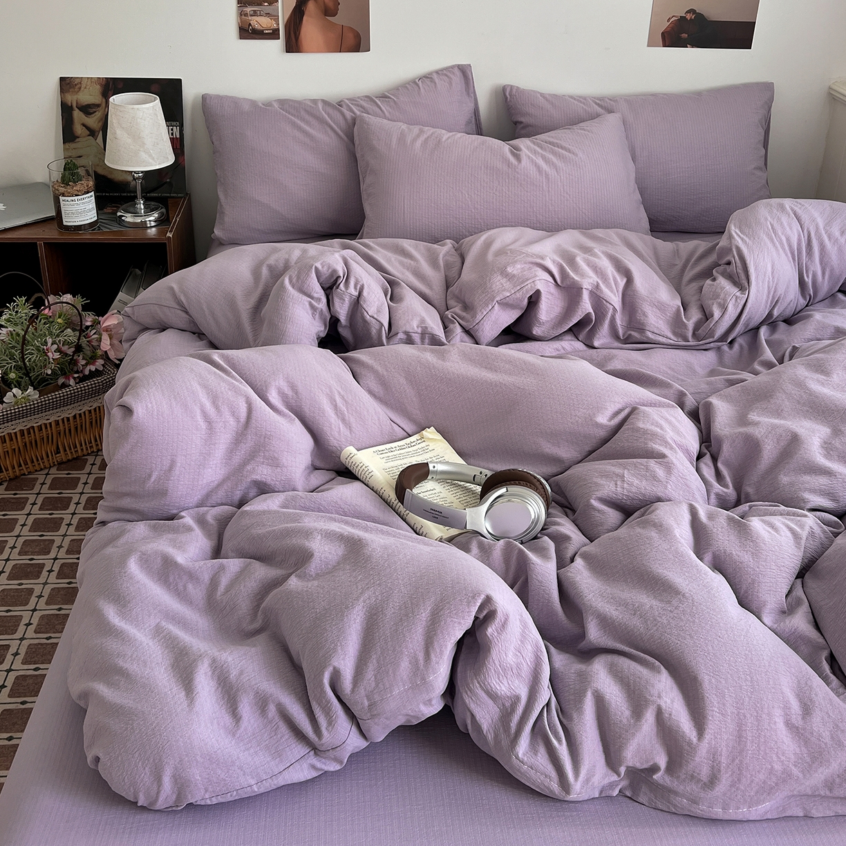 91家纺网 家纺一手货源 找家纺 （总）花伞家居 2026新款简约纯色双拼双层纱高克重水洗棉四件套