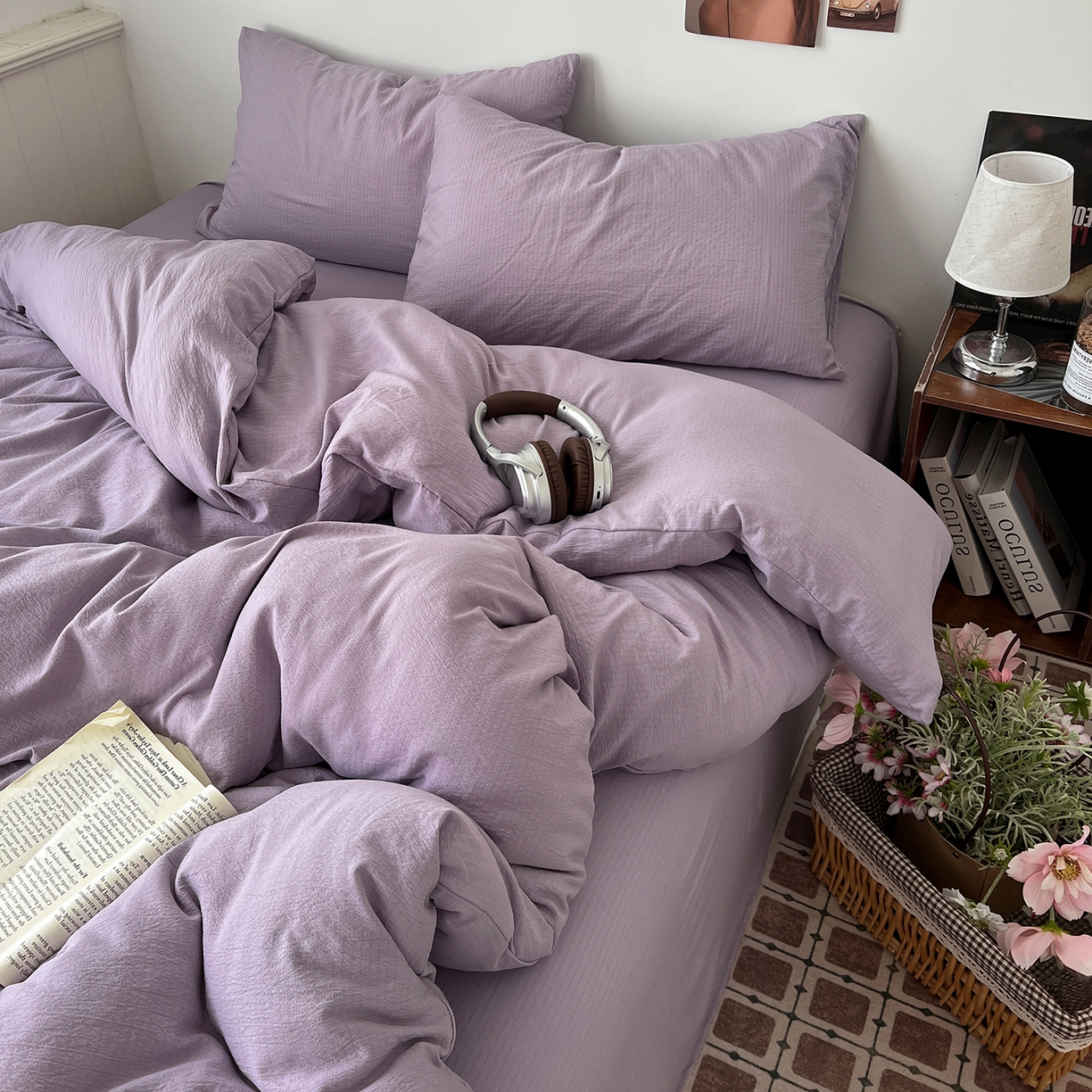 91家纺网 家纺一手货源 找家纺 （总）花伞家居 2026新款简约纯色双拼双层纱高克重水洗棉四件套