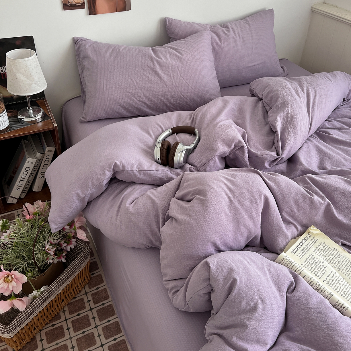 91家纺网 家纺一手货源 找家纺 （总）花伞家居 2026新款简约纯色双拼双层纱高克重水洗棉四件套