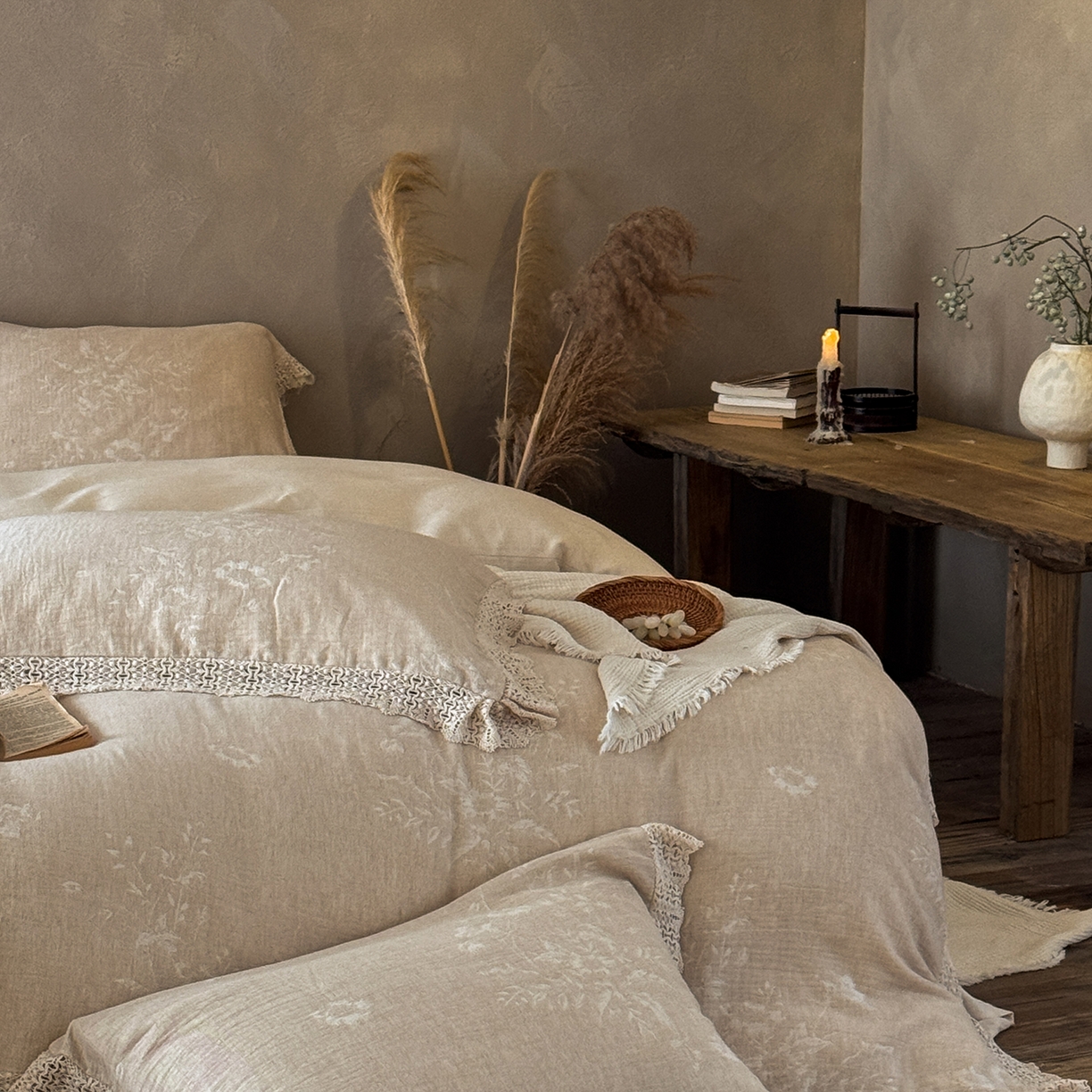 91家纺网 家纺一手货源 找家纺 （总）爱丽丝 2026新品色织提花棉麻四件套-木兮花边款