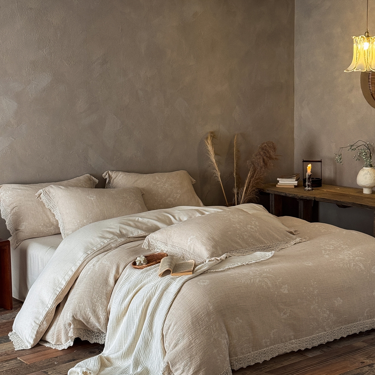 91家纺网 家纺一手货源 找家纺 （总）爱丽丝 2026新品色织提花棉麻四件套-木兮花边款