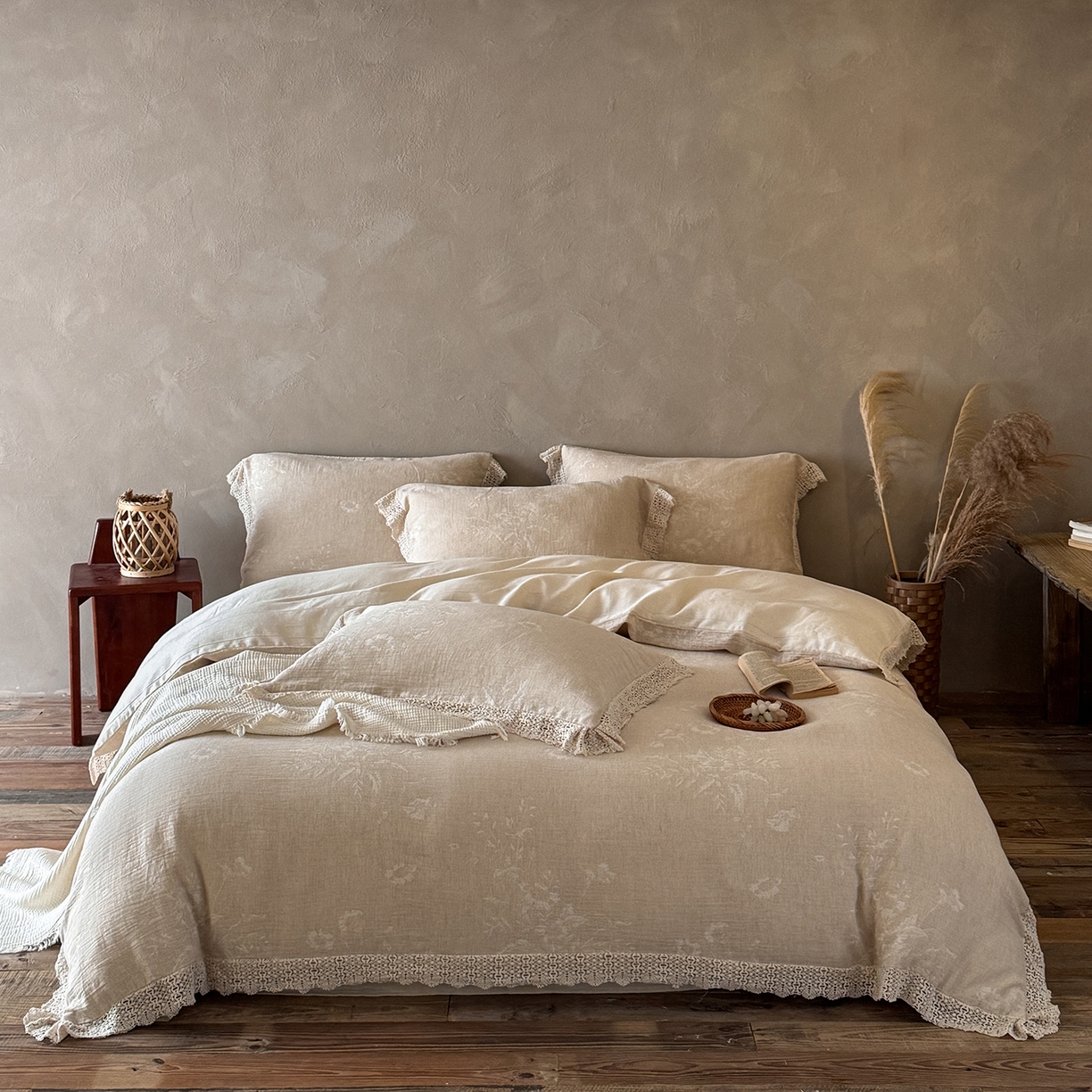 91家纺网 家纺一手货源 找家纺 （总）爱丽丝 2026新品色织提花棉麻四件套-木兮花边款