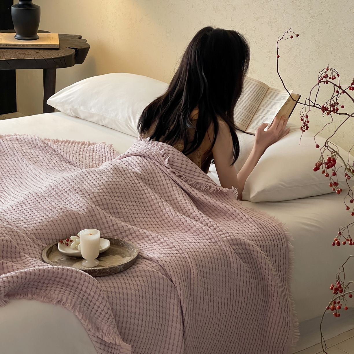 91家纺网 家纺一手货源 找家纺 例外 2026春夏新款华夫格流苏毯毯子多功能盖毯（会员-5） 秋月紫