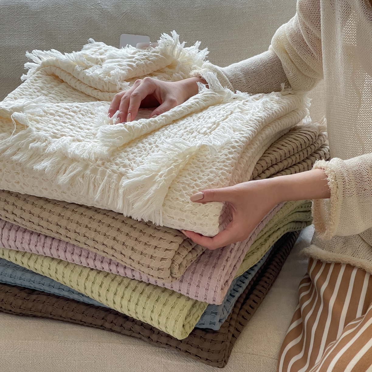 （总）例外 2026春夏新款华夫格流苏毯毯子多功能盖毯（会员-5）