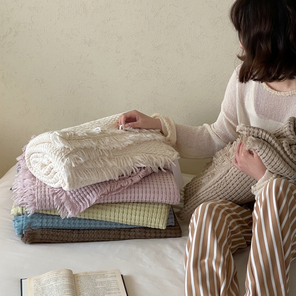 91家纺网 家纺一手货源 找家纺 （总）例外 2026春夏新款华夫格流苏毯毯子多功能盖毯（会员-5）