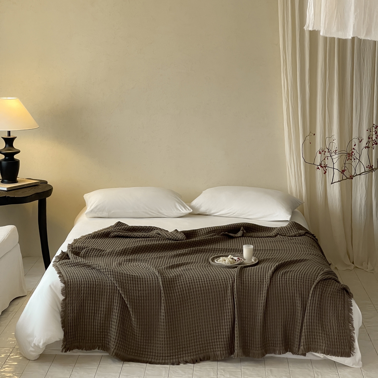 91家纺网 家纺一手货源 找家纺 例外 2026春夏新款华夫格流苏毯毯子多功能盖毯（会员-5） 可可棕