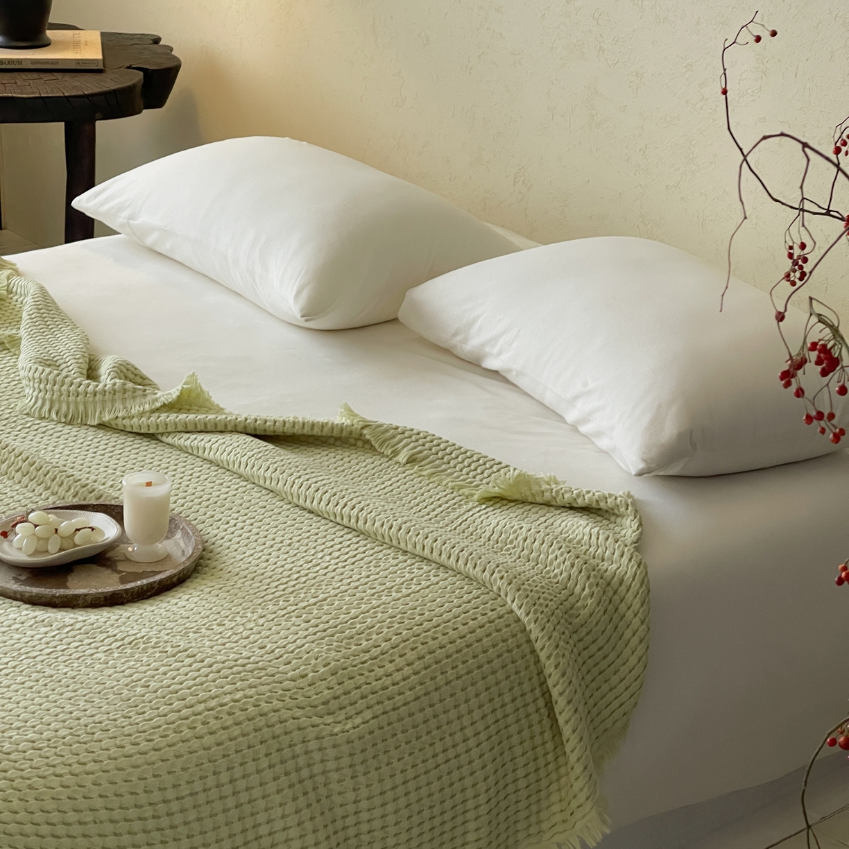 91家纺网 家纺一手货源 找家纺 例外 2026春夏新款华夫格流苏毯毯子多功能盖毯（会员-5） 嫩芽绿