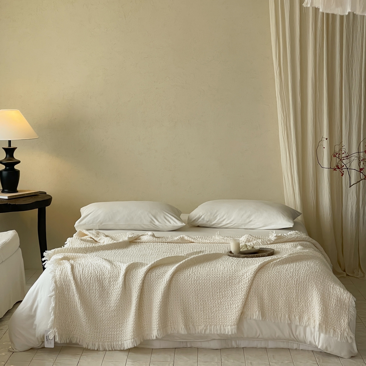 91家纺网 家纺一手货源 找家纺 例外 2026春夏新款华夫格流苏毯毯子多功能盖毯（会员-5） 月光白