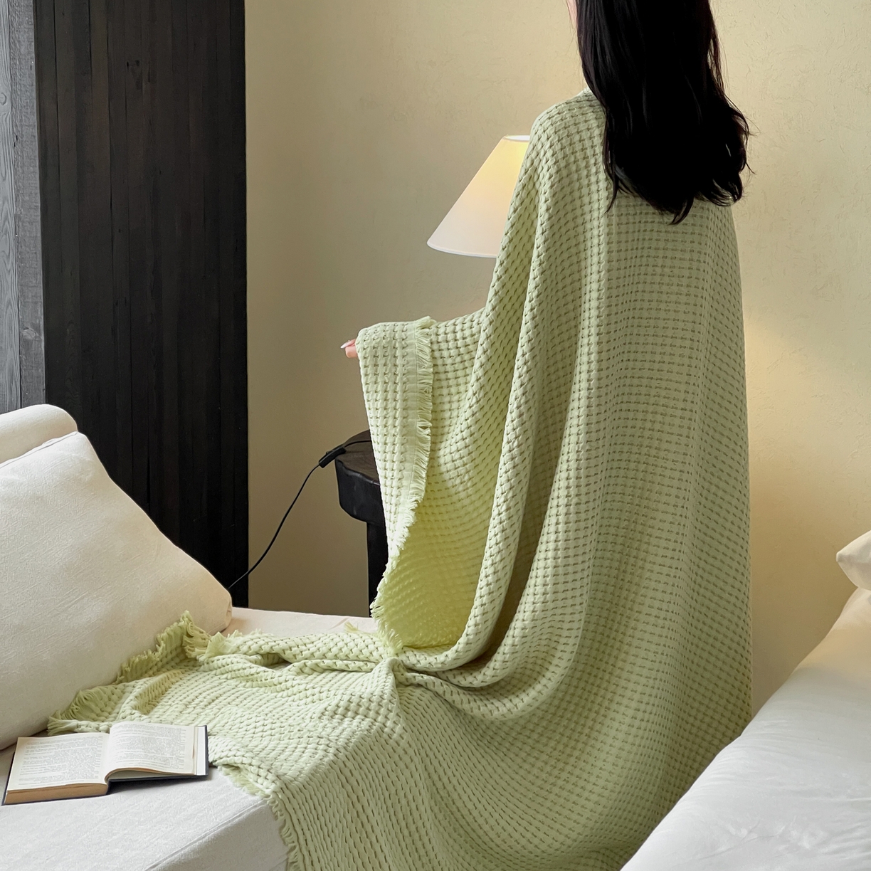 91家纺网 家纺一手货源 找家纺 例外 2026春夏新款华夫格流苏毯毯子多功能盖毯（会员-5） 嫩芽绿