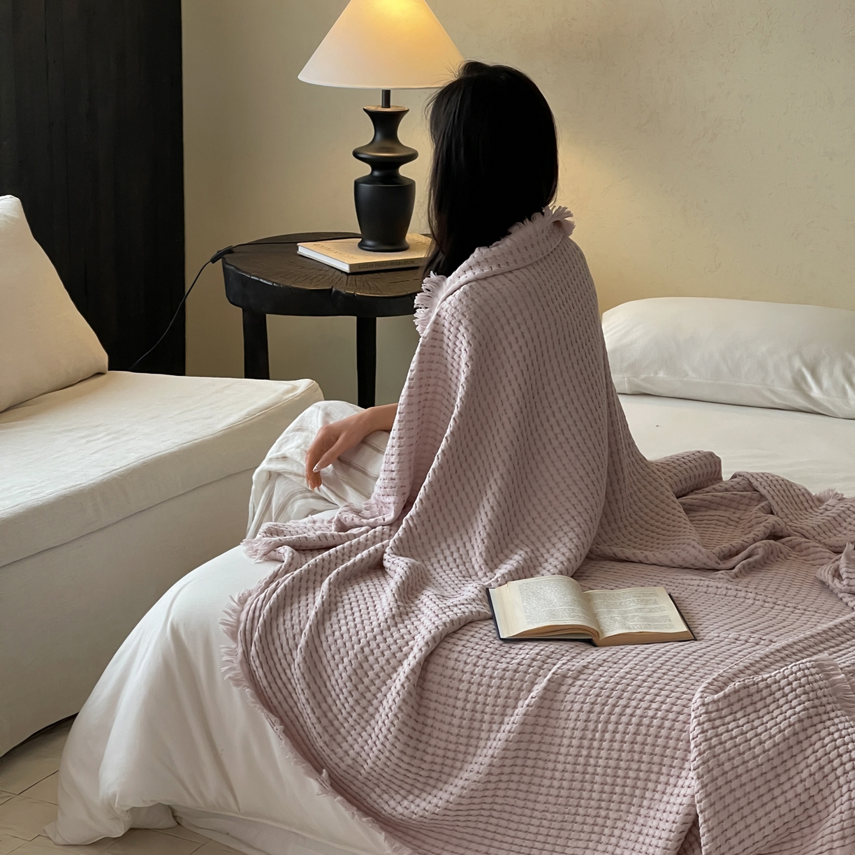 91家纺网 家纺一手货源 找家纺 例外 2026春夏新款华夫格流苏毯毯子多功能盖毯（会员-5） 秋月紫