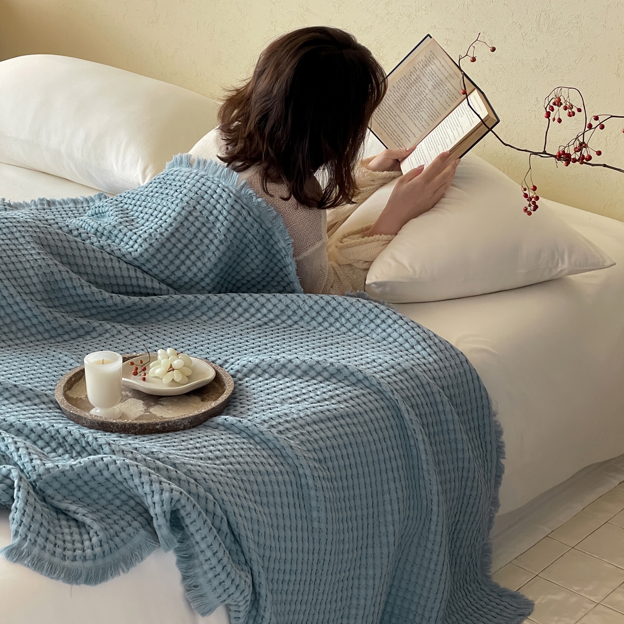 例外 2026春夏新款华夫格流苏毯毯子多功能盖毯（会员-5） 皓月蓝