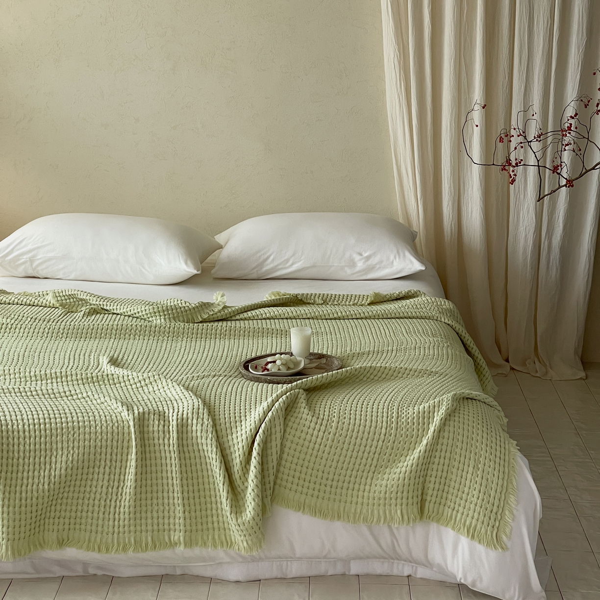 91家纺网 家纺一手货源 找家纺 例外 2026春夏新款华夫格流苏毯毯子多功能盖毯（会员-5） 嫩芽绿