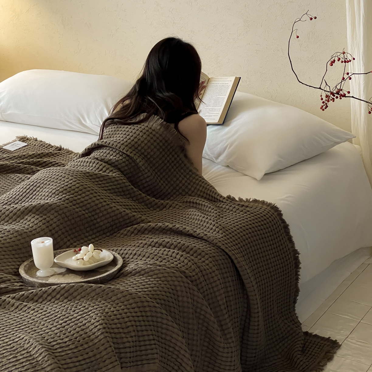 例外 2026春夏新款华夫格流苏毯毯子多功能盖毯（会员-5） 可可棕