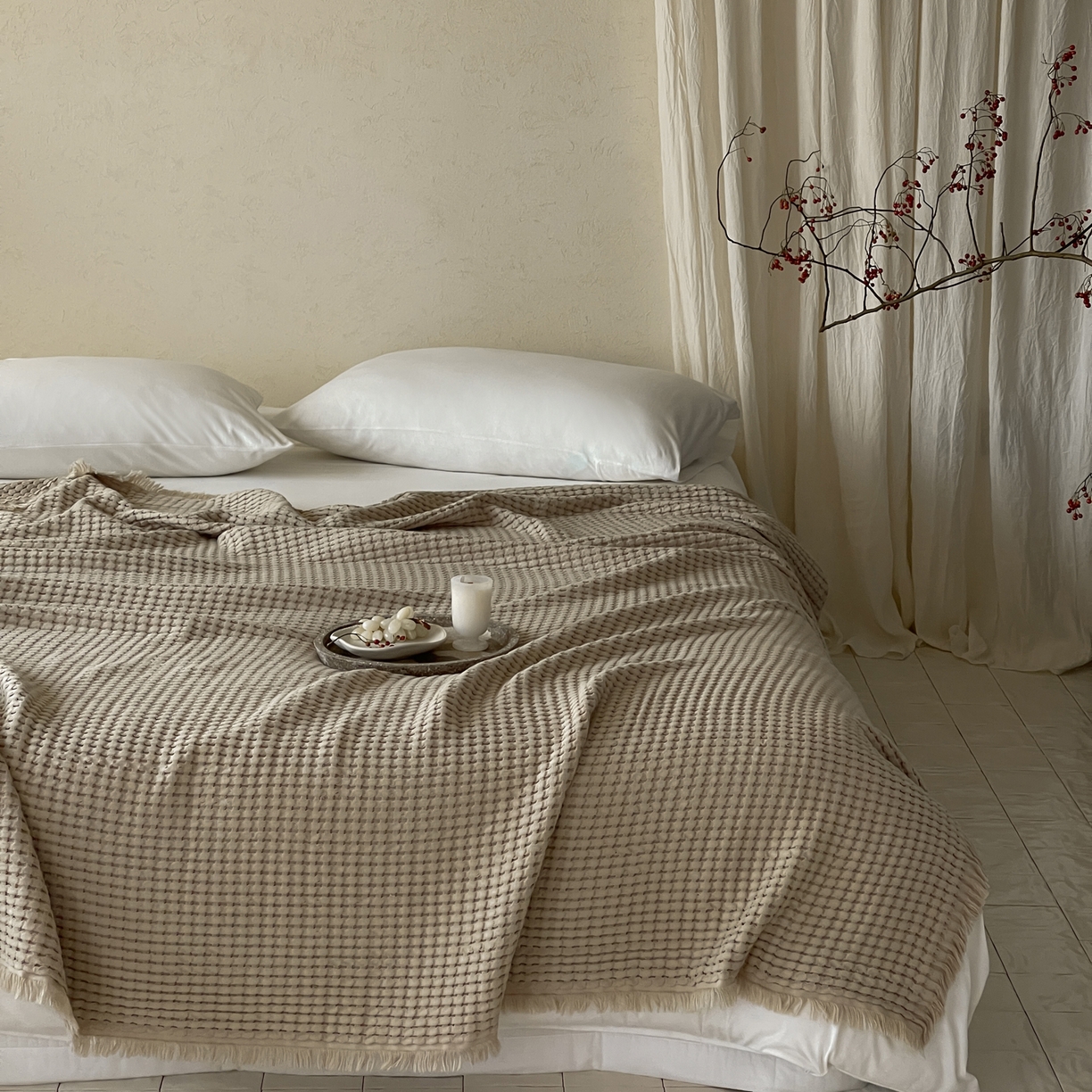 91家纺网 家纺一手货源 找家纺 例外 2026春夏新款华夫格流苏毯毯子多功能盖毯（会员-5） 奶咖