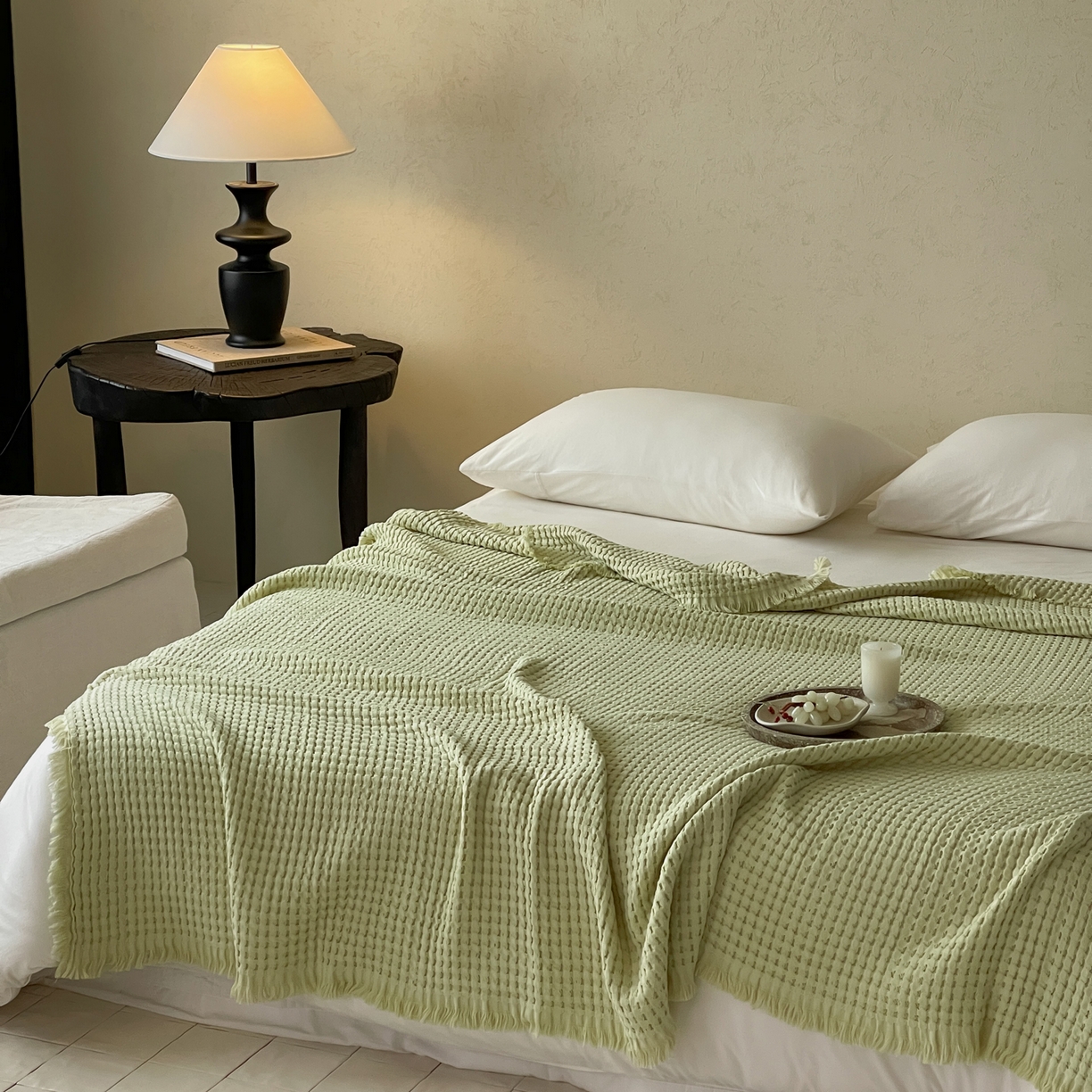 91家纺网 家纺一手货源 找家纺 例外 2026春夏新款华夫格流苏毯毯子多功能盖毯（会员-5） 嫩芽绿