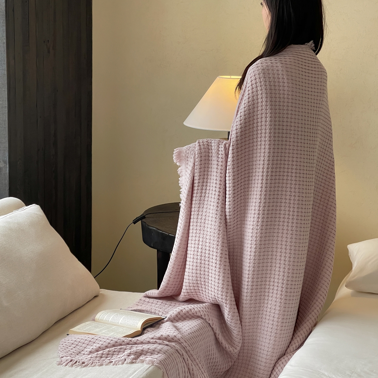 91家纺网 家纺一手货源 找家纺 例外 2026春夏新款华夫格流苏毯毯子多功能盖毯（会员-5） 秋月紫