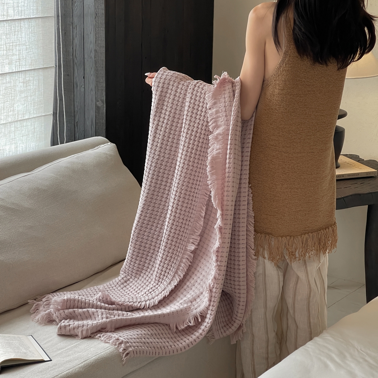 91家纺网 家纺一手货源 找家纺 例外 2026春夏新款华夫格流苏毯毯子多功能盖毯（会员-5） 秋月紫
