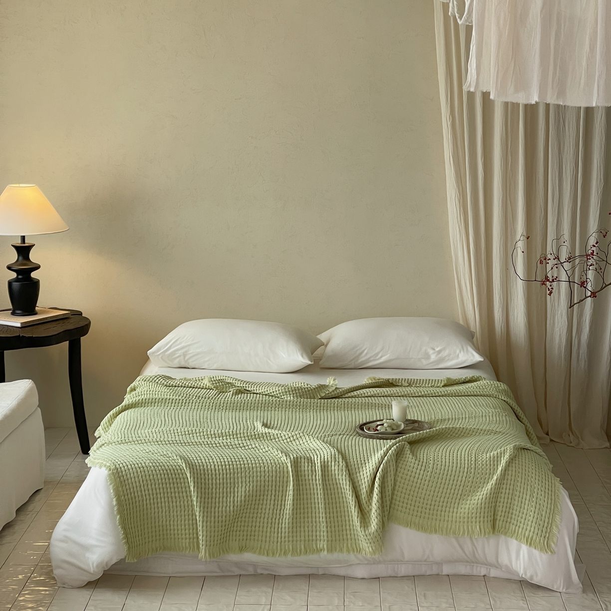 91家纺网 家纺一手货源 找家纺 例外 2026春夏新款华夫格流苏毯毯子多功能盖毯（会员-5） 嫩芽绿