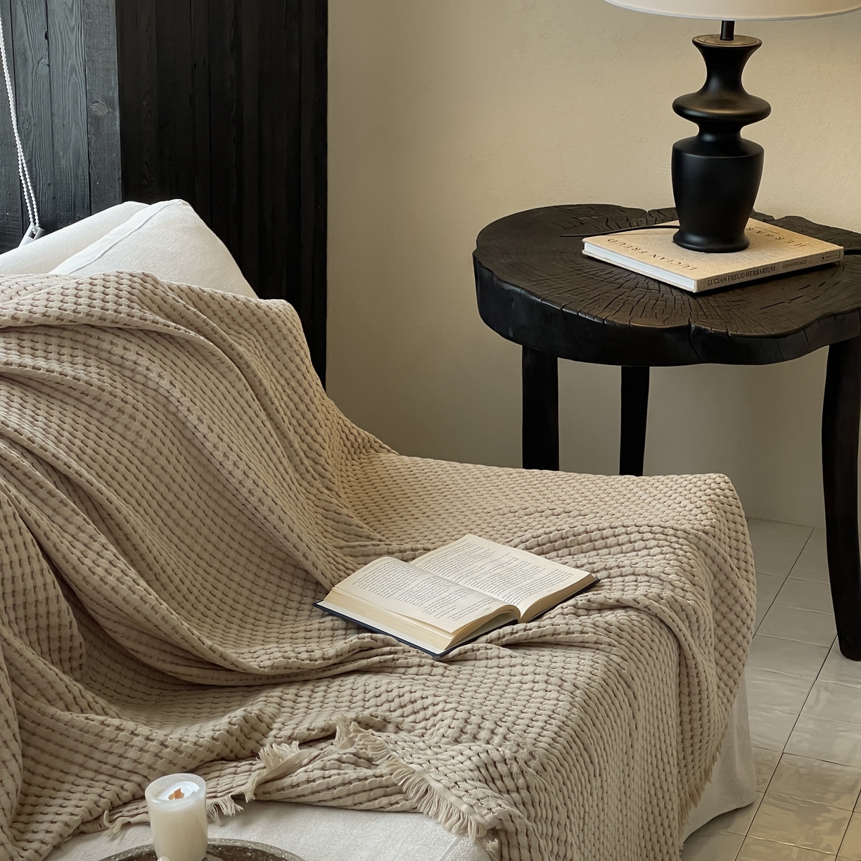 91家纺网 家纺一手货源 找家纺 例外 2026春夏新款华夫格流苏毯毯子多功能盖毯（会员-5） 奶咖