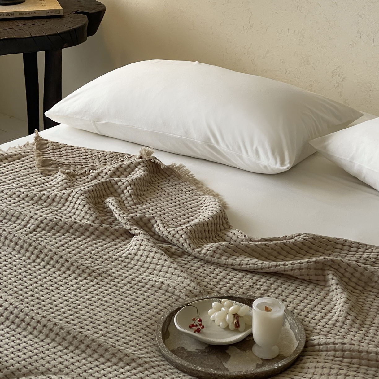 91家纺网 家纺一手货源 找家纺 例外 2026春夏新款华夫格流苏毯毯子多功能盖毯（会员-5） 奶咖